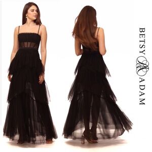 Betsy & Adam - "Jasmine" Black Spaghetti Strap Mesh Corset Gown